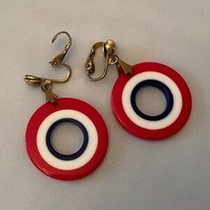 Red, White and Blue Plastic Circle Clip-On Vintage Earrings